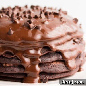 square image of stack of chocolate pancakes