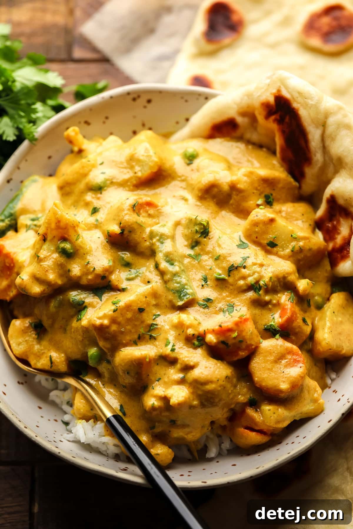 a bowl of vegetable korma with a piece of vegan naan on the side.