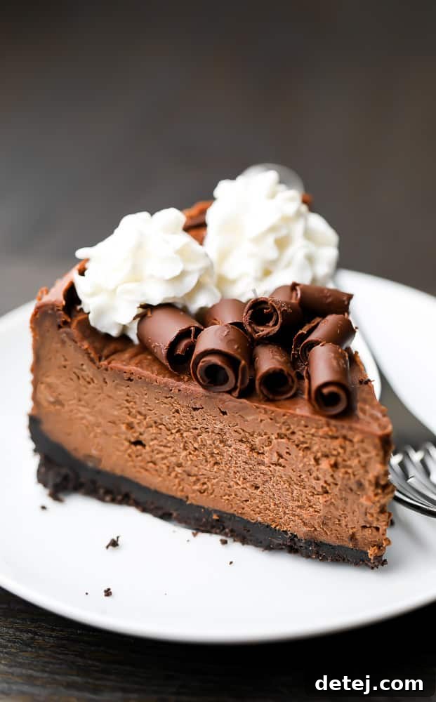 Slice of vegan chocolate cheesecake with whipped cream and chocolate on top on a white plate