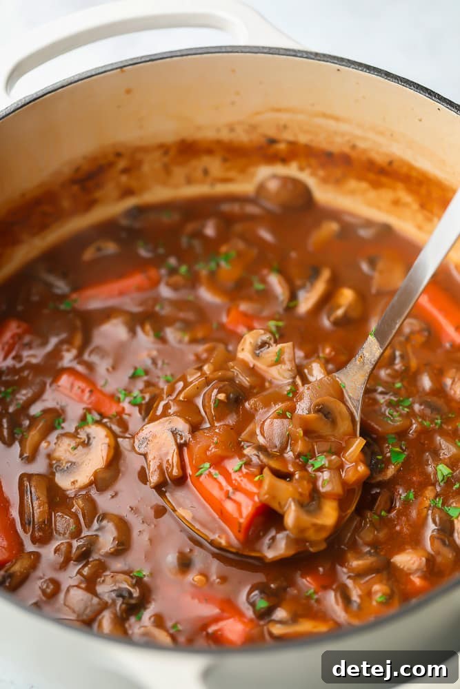 Ladling a scoop of mushroom bourguignon out of a pot
