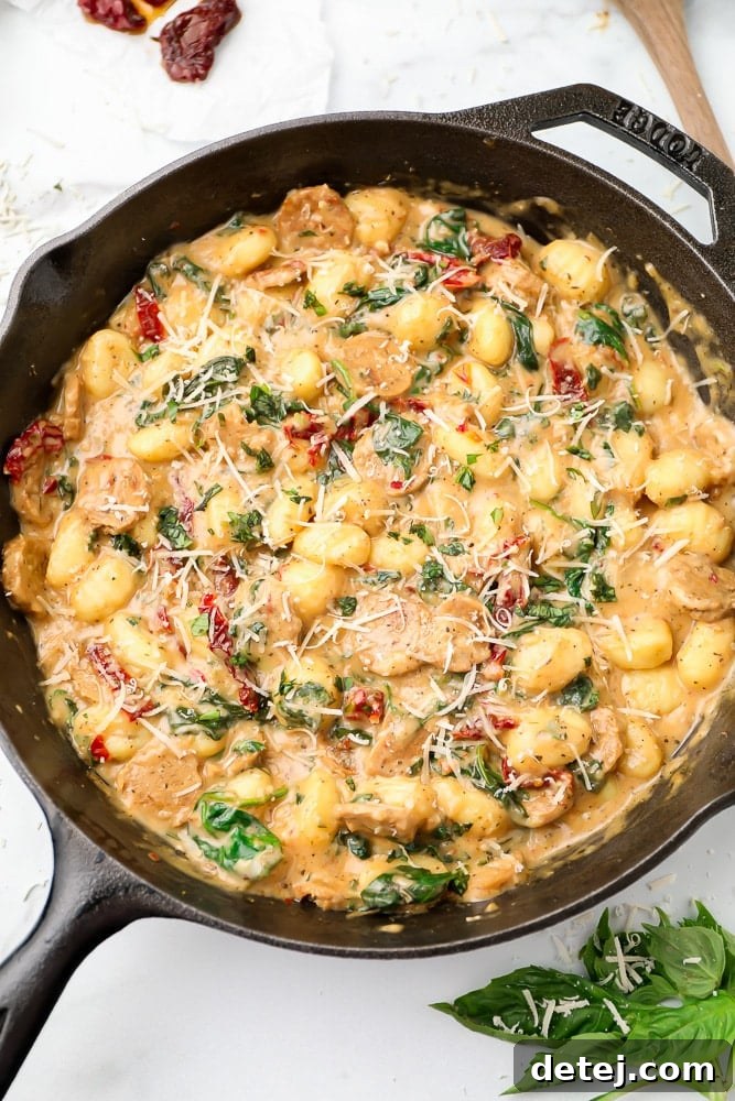 cast iron pan with gnocchi in it