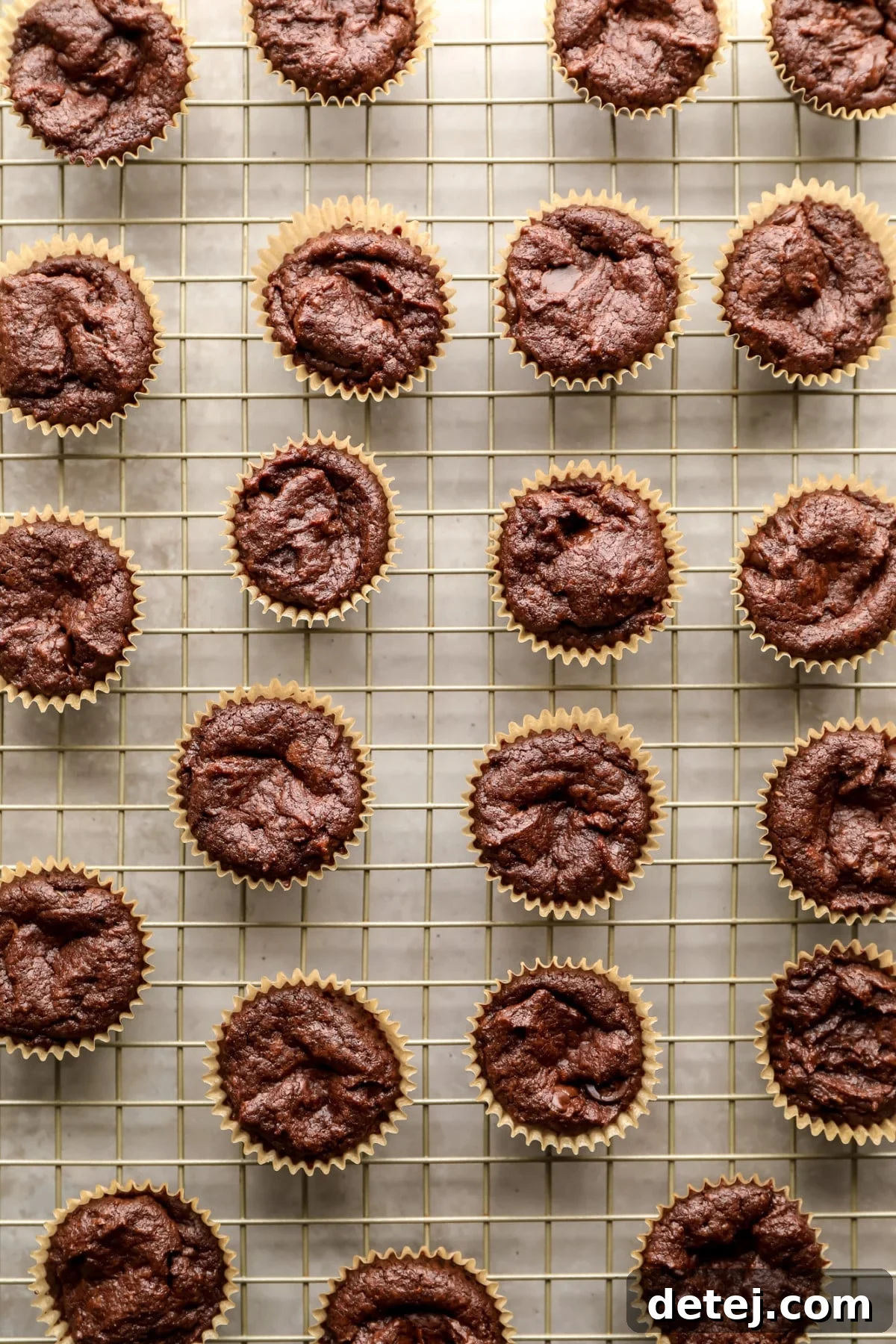 A multitude of freshly baked vegan brownie bites cooling on a wire rack, showcasing their uniform size and appealing crinkle tops.