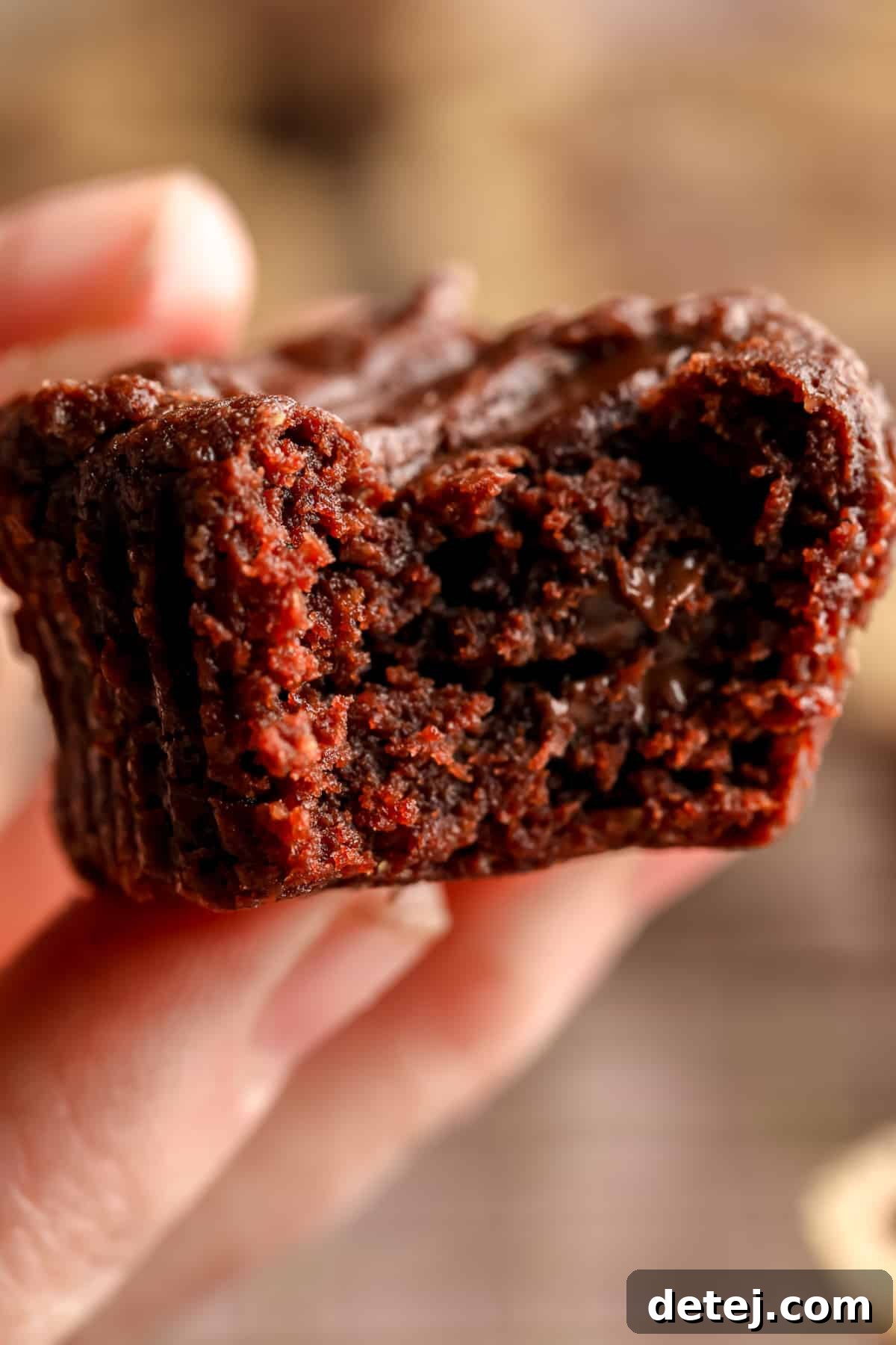 A close-up of a hand holding a delicious brownie bite, showing the rich texture and a bite already taken.