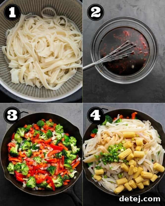 collage of step-by-step photos showing how to make Thai drunken noodles