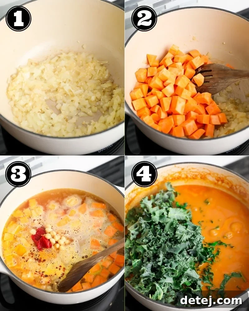 4 images showing the process of making soup with sweet potatoes and peanut butter