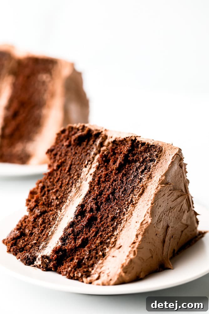 Close up of a moist, fluffy slice of gluten-free vegan chocolate cake on a white plate, showcasing its rich texture and decadent appearance.