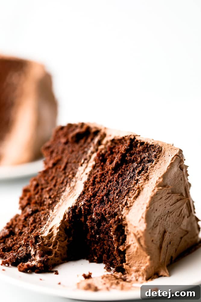A slice of gluten-free vegan chocolate cake with a bite taken out, highlighting the moist interior and perfect crumb texture.