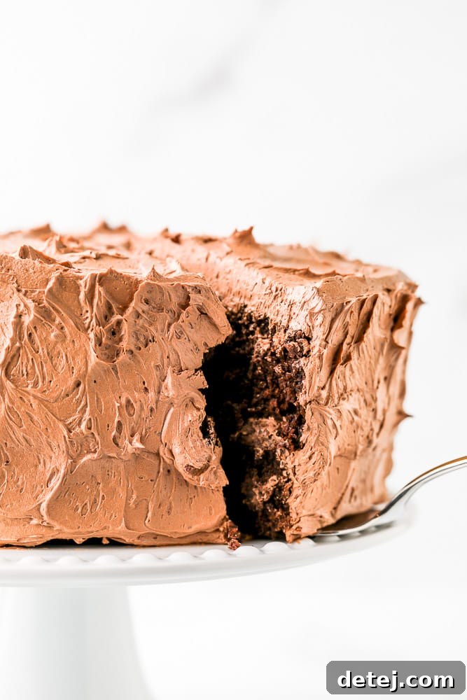A spatula delicately removing a slice of beautifully frosted gluten-free vegan chocolate cake from a larger cake, ready to be served.