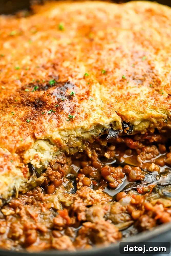 close up of vegan moussaka in a baking dish