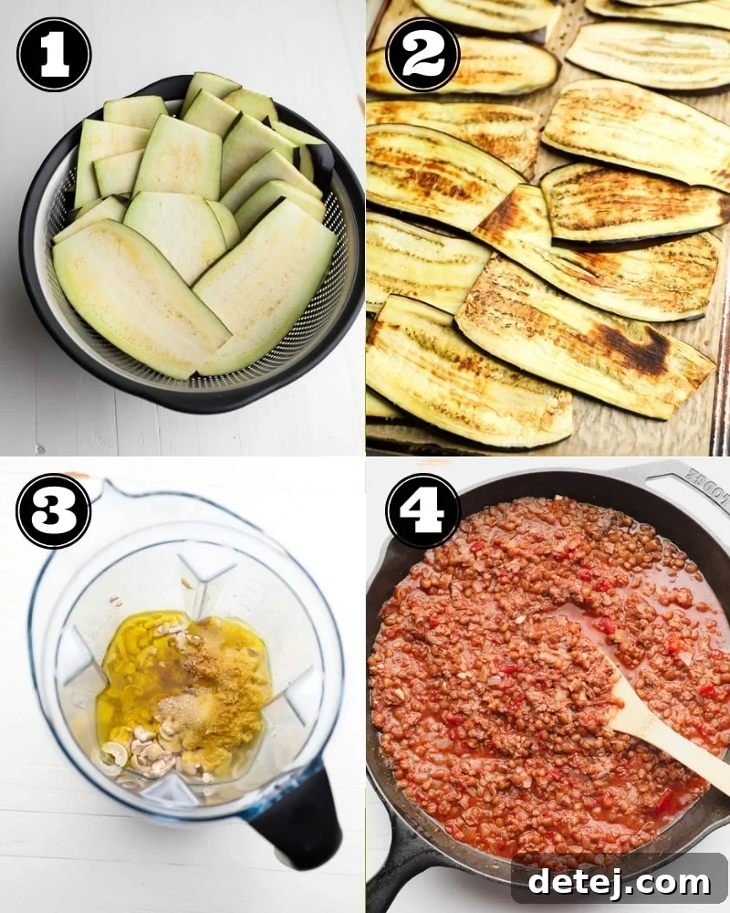 4 step by step images showing how to make vegan moussaka layers