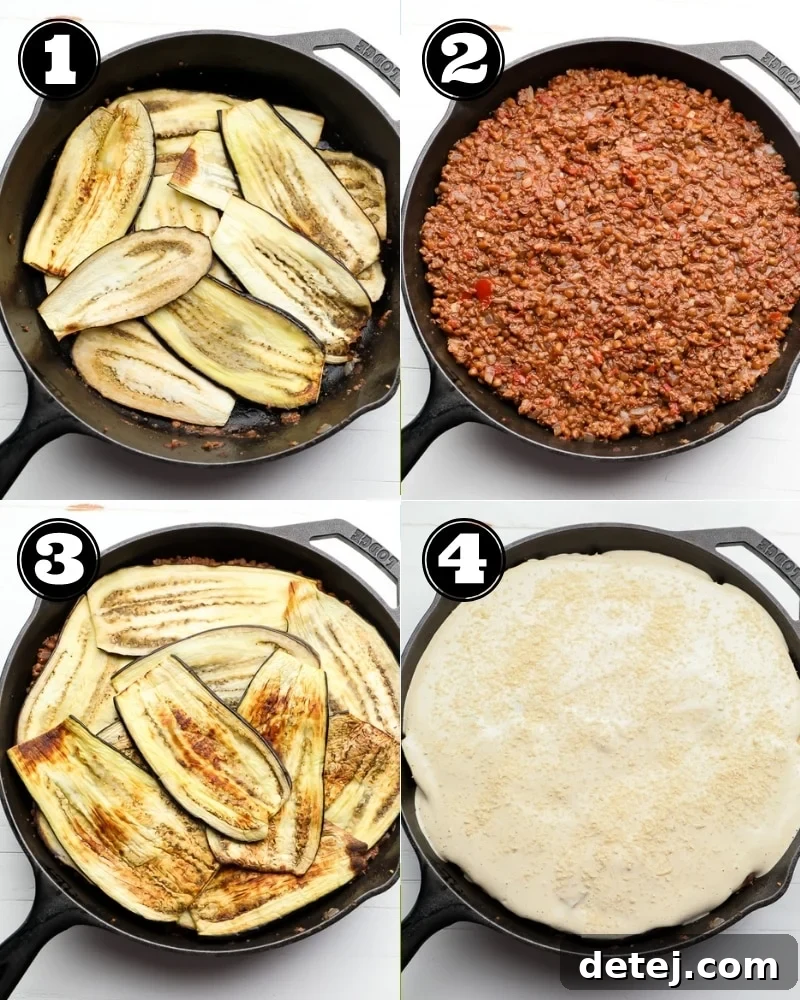 4 step by step images showing how to assemble a vegan moussaka