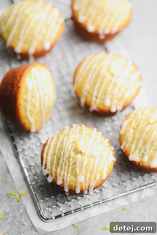 Lemon Poppy Seed Muffins cooling on a rack, freshly glazed and ready to eat