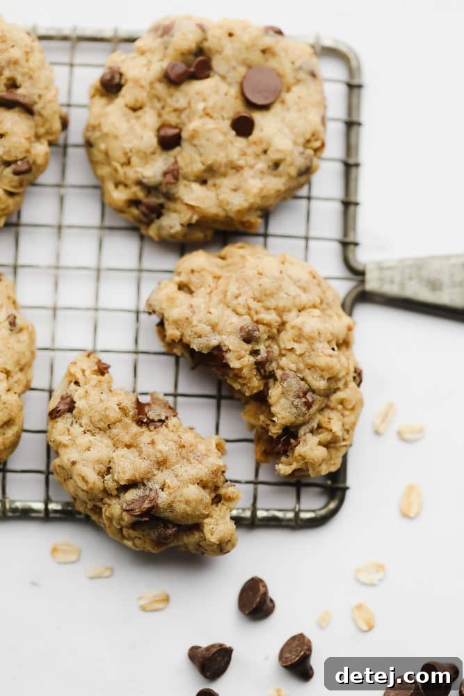 A vegan oatmeal chocolate chip cookie split in half on a cooling rack, revealing its soft, chewy interior with melted chocolate.