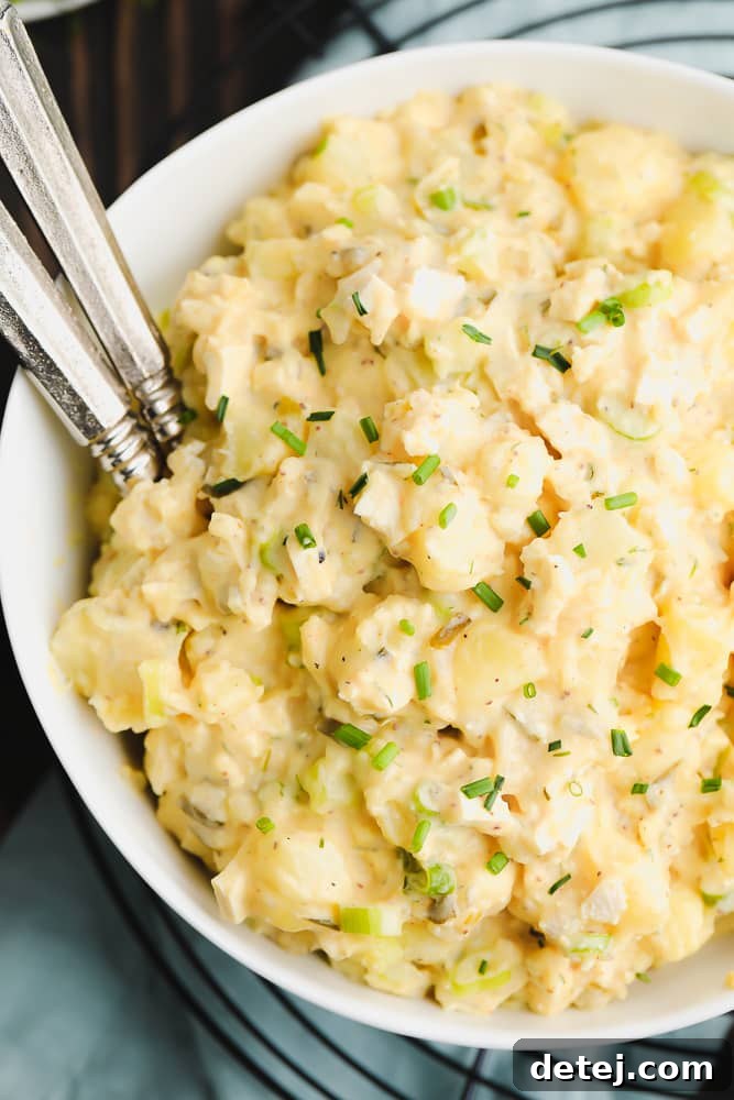 Close-up of creamy vegan potato salad served in a bowl with forks and a blue towel in the background, highlighting the fresh dill and chunky texture.