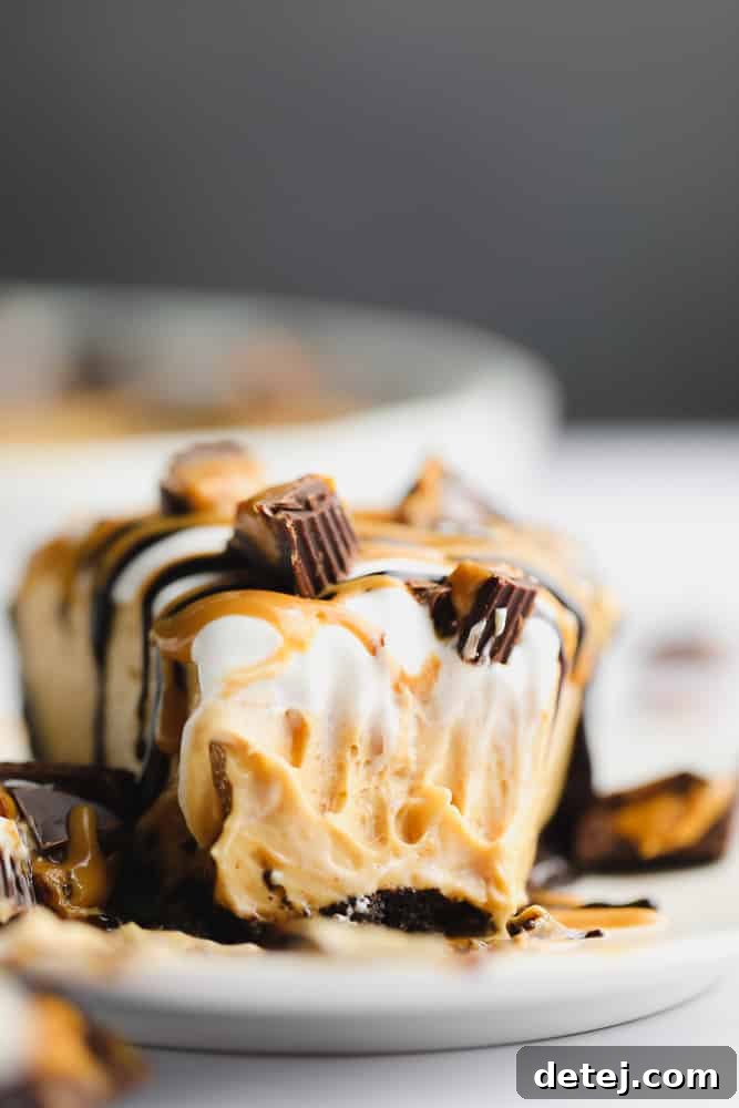 Close up of a perfect slice of vegan peanut butter pie with a fork taking a bite, revealing the rich, impossibly creamy and airy texture of the filling, nestled in a chocolate cookie crust.