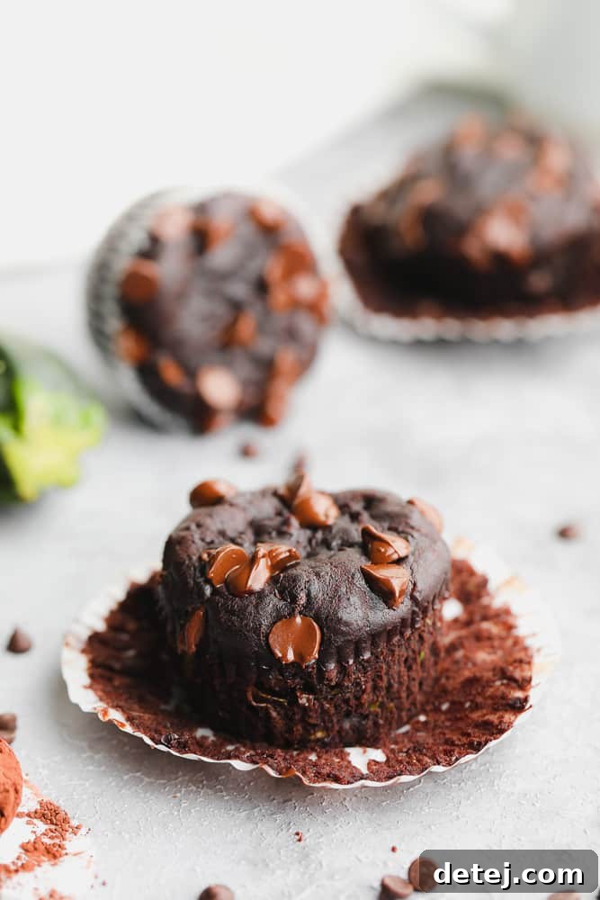 A single unwrapped baked vegan chocolate muffin, generously topped with chocolate chips, showcasing its rich brown color and tender crumb, presented on a minimalist light background.