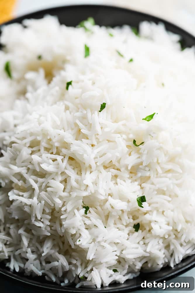 Close-up shot of a black bowl brimming with perfectly cooked, fluffy white Basmati rice, showcasing its tender texture and individual grains.