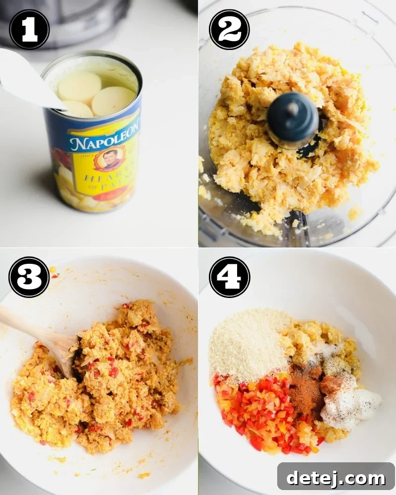 A collage of four images showing the step-by-step process of making vegan crab cakes: pulsing ingredients, mixing, forming patties, and frying in a skillet