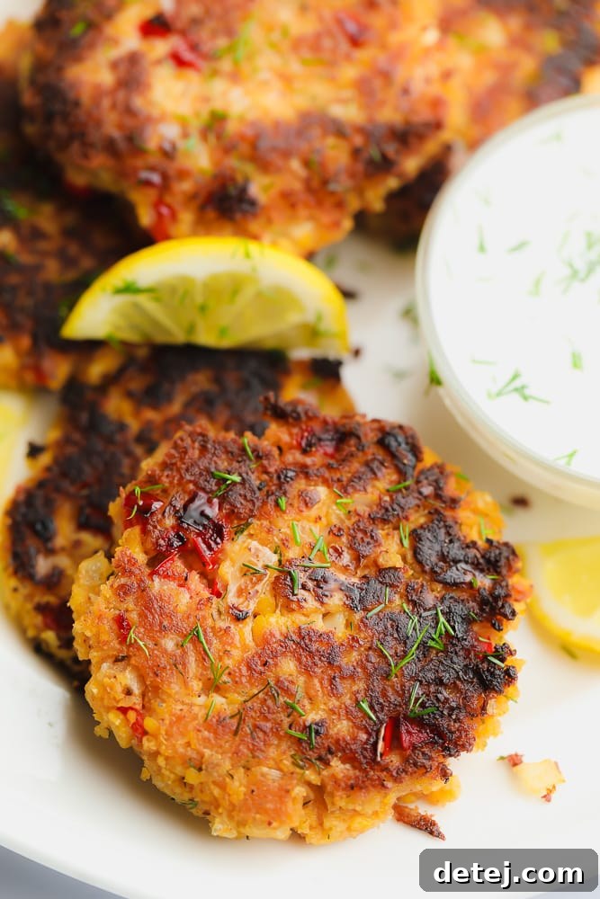 A close-up view of a delicious pile of fried vegan crab cakes on a white plate, ready to be served