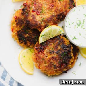 white plate with fried vegan crab cakes next to white dipping sauce and lemon wedges