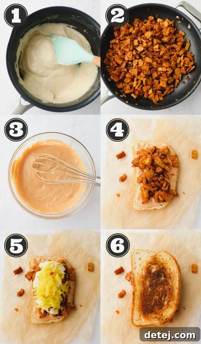 6 images showing the steps to making a tempeh sandwich