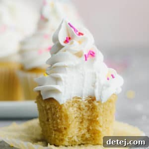 square photo of cupcake with frosting and sprinkles