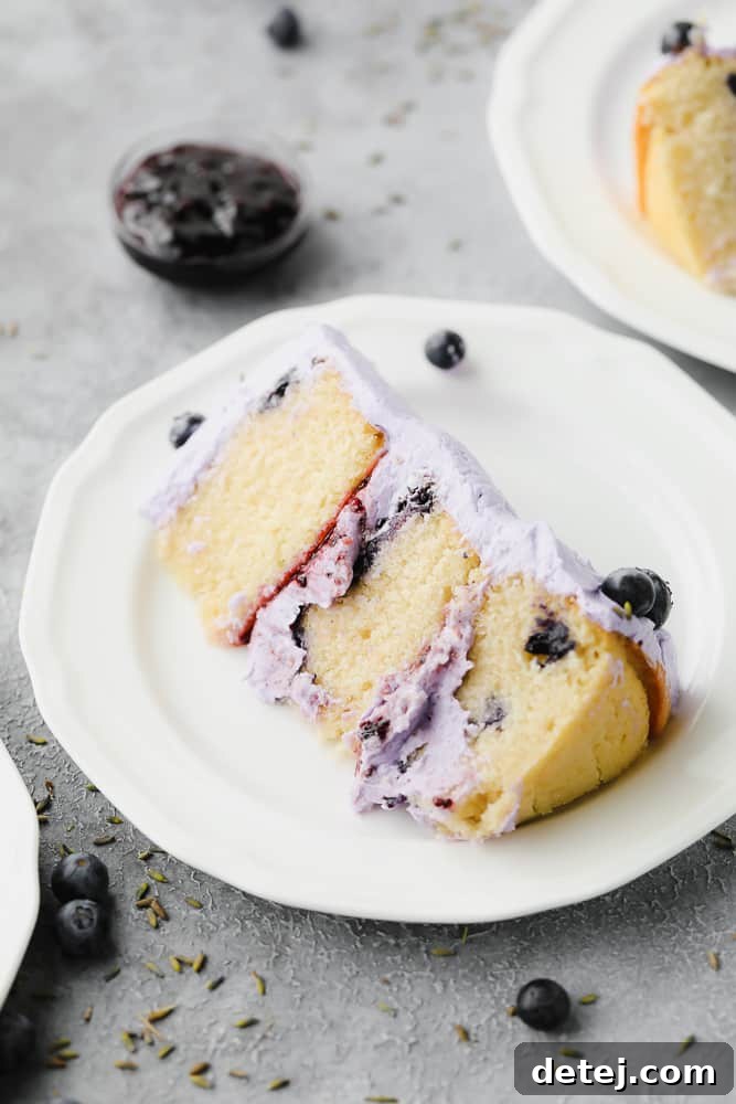Triple-layered purple frosted vegan lemon blueberry lavender cake with fresh blueberries on a white plate, ready for serving.