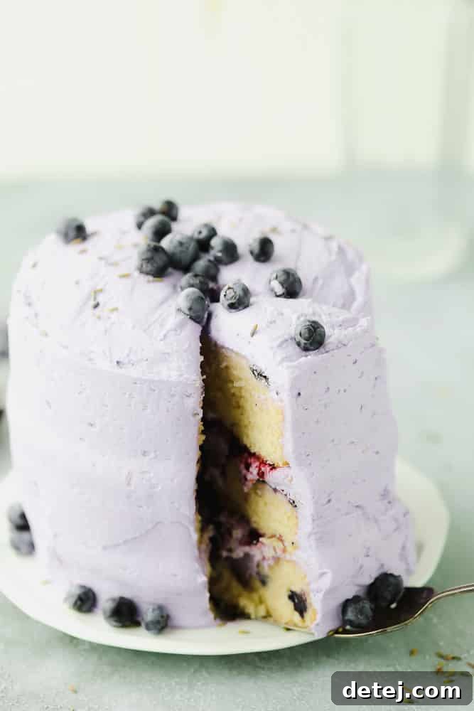 Tall, three-layered vegan lavender cake on a white plate with a slice being carefully removed, showcasing its moist internal layers and creamy frosting.