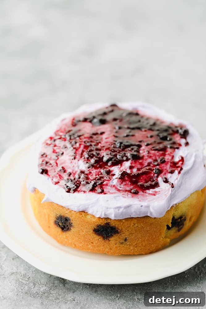 A cake layer being evenly frosted with white buttercream, followed by a thin, vibrant layer of blueberry jam spread on top, ready for the next cake layer.