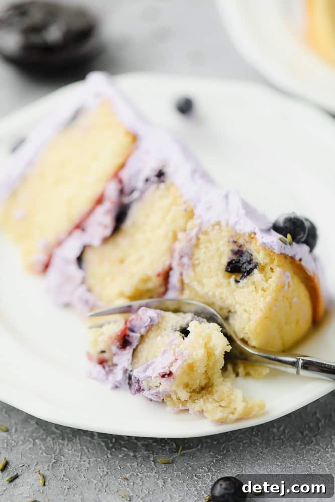 A fork gently cutting into a perfectly moist and fluffy slice of vegan lemon blueberry lavender cake, showing its delicate texture and inviting crumb.