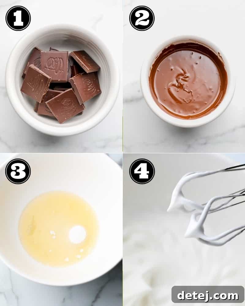 A visual collage showing four stages of preparing vegan chocolate mousse: melting chocolate and whipping aquafaba in a bowl.