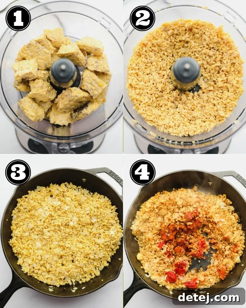 A visual guide showing four stages of making tempeh taco meat: crumbling tempeh, sautéing onions, browning tempeh, and mixing with spices.
