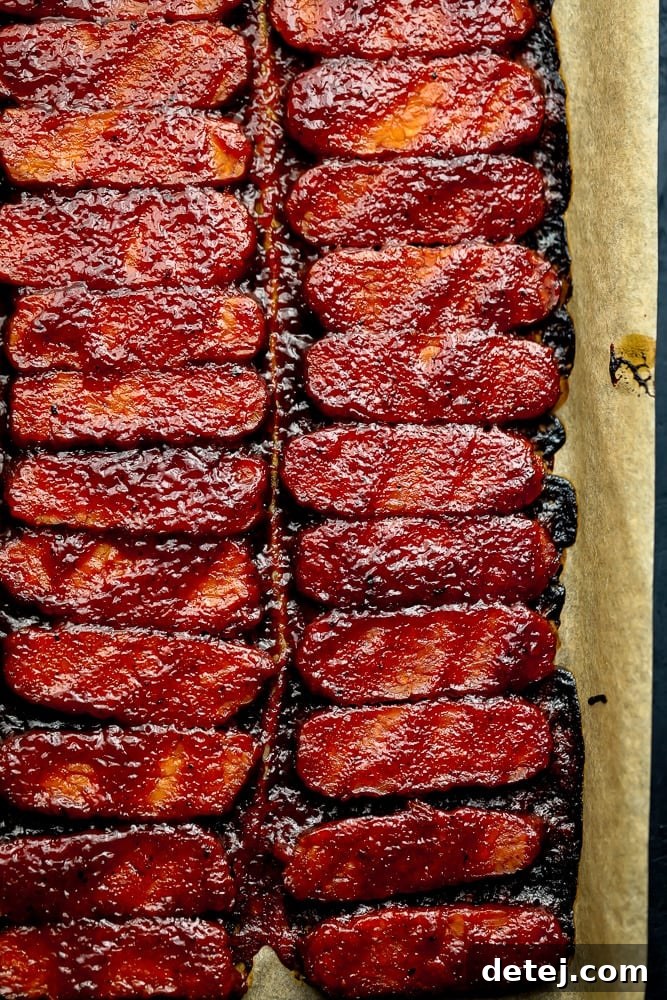 Cooked tempeh ribs with BBQ sauce neatly arranged on a baking pan