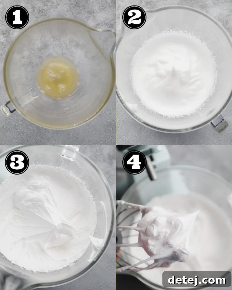 Four images showing the step-by-step process of whipping meringue from liquid aquafaba to stiff peaks.