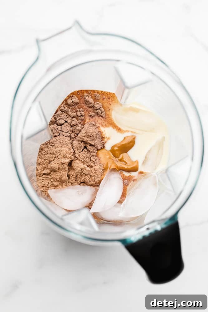 Plant-Based Power Shake 3 Overhead shot of chocolate protein powder, ice cubes, and plant-based milk ready to be blended in a high-speed blender, emphasizing the simple ingredients for a delicious shake.