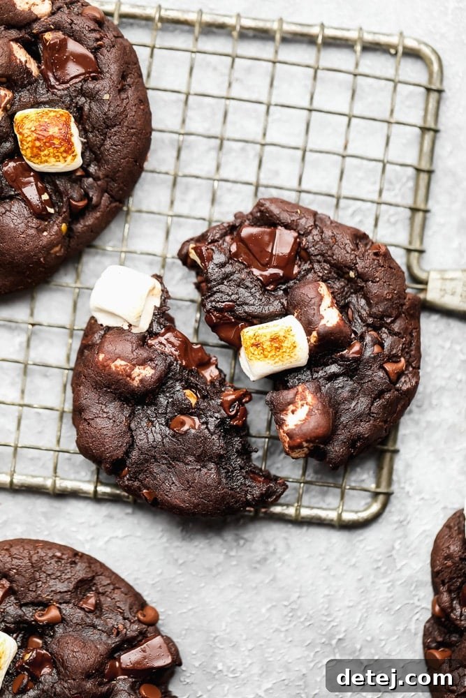 A perfectly baked vegan chocolate marshmallow cookie, split in half to reveal its gooey center, resting on a wire cooling rack.