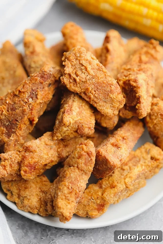 Close-up on a large plate filled with golden brown, crispy vegan fried chicken pieces, showcasing their appealing texture.