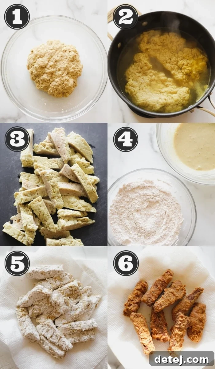 A six-image collage showing the step-by-step process of making seitan, preparing the dredging mixtures, and frying vegan chicken pieces to a golden crisp.