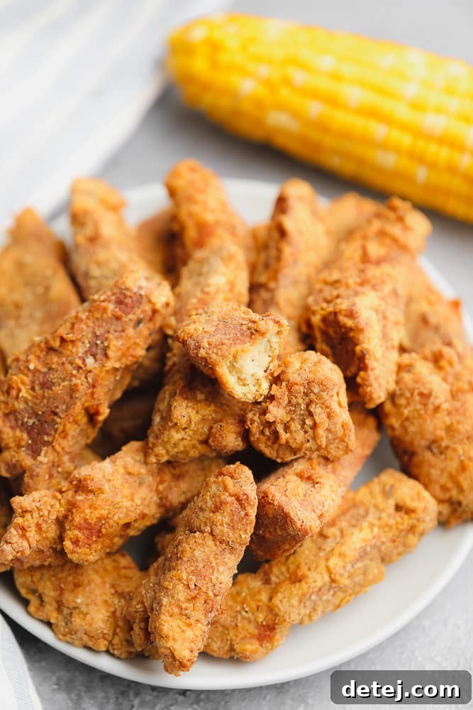 A large plate generously piled with golden brown, crispy vegan fried chicken pieces, ready for a feast.