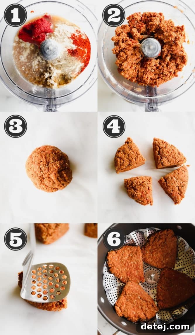 A series of six sequential images demonstrating the process of making vegan steaks, from mixing ingredients to shaping and steaming the seitan.