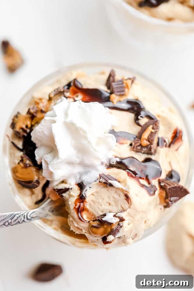 beige peanut butter mousse topped with chocolate sauce, whipped cream, and chopped peanuts in a white bowl