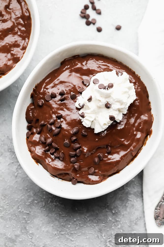 Plant-Based Pudding Perfection 2 A pristine white bowl filled with luxurious chocolate vegan pudding, elegantly topped with a generous swirl of fluffy vegan whipped cream and a sprinkle of dark chocolate chips, ready to be enjoyed.