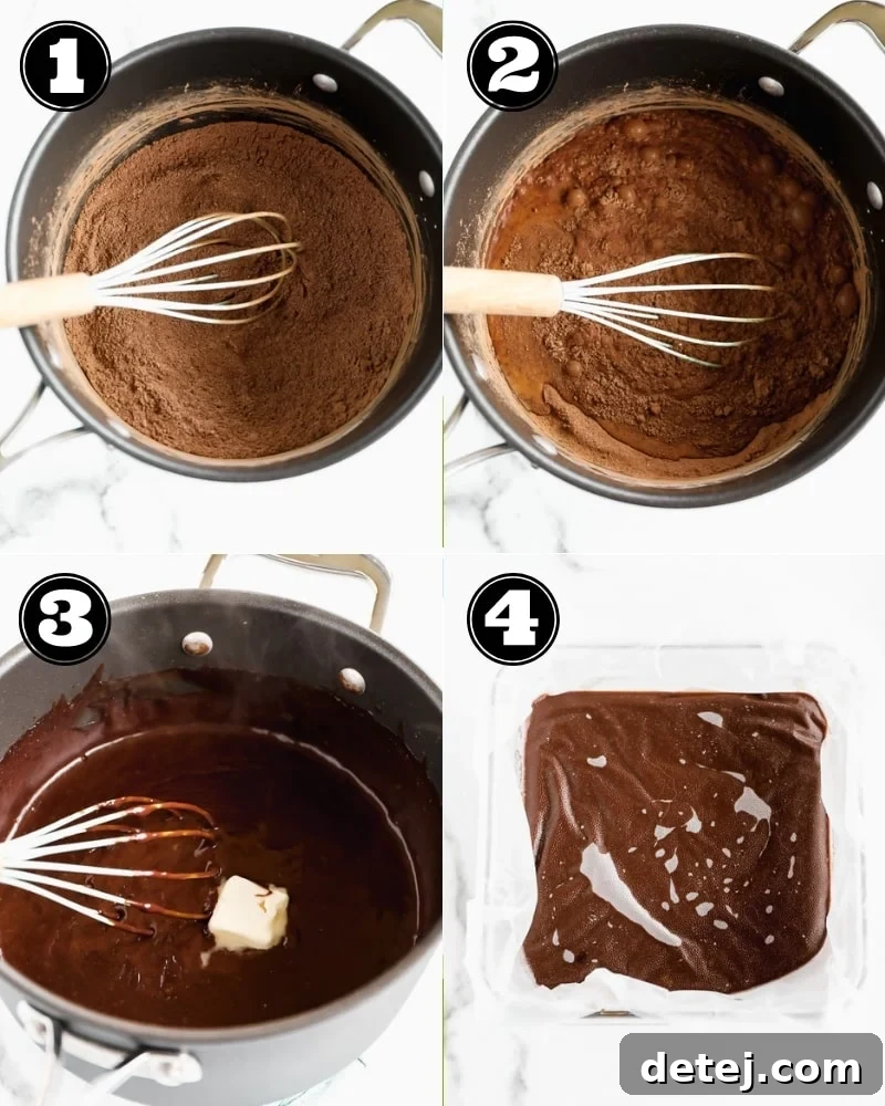 Plant-Based Pudding Perfection 3 A visual guide displaying four sequential images of the vegan chocolate pudding preparation process, from whisking dry ingredients to a smoothly simmering mixture in a black pot.