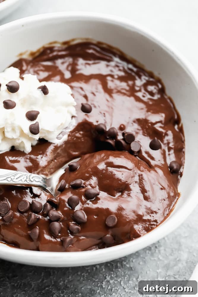 Plant-Based Pudding Perfection 4 A close-up shot of a spoon gracefully scooping a portion of rich, smooth vegan chocolate pudding from a white bowl, highlighting its perfect creamy texture.