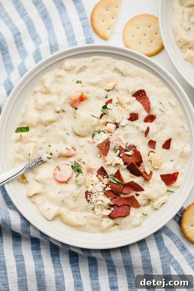 A steaming bowl of creamy vegan clam chowder, generously topped with crispy vegan bacon, surrounded by fresh herbs and crackers.