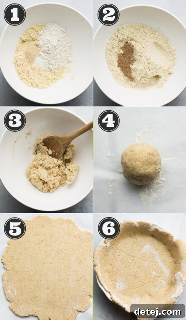 Collage of step-by-step photos showing how to make the pie crust: mixing, forming dough, rolling, and placing in pie plate.