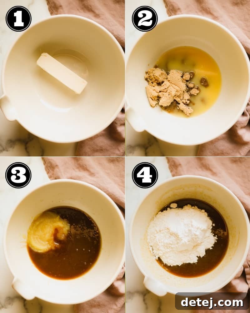 Four images showing the step-by-step process of mixing blondie batter, from melted butter and sugar to adding dry ingredients and chocolate chips