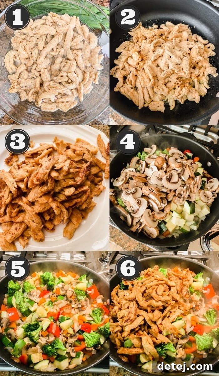 6 images showing the steps to making stir fry in a black skillet, from rehydrating soy curls to combining ingredients