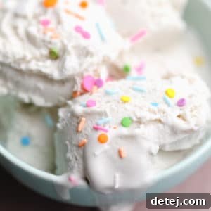 close up on scoops of vanilla ice cream with sprinkles in a bowl