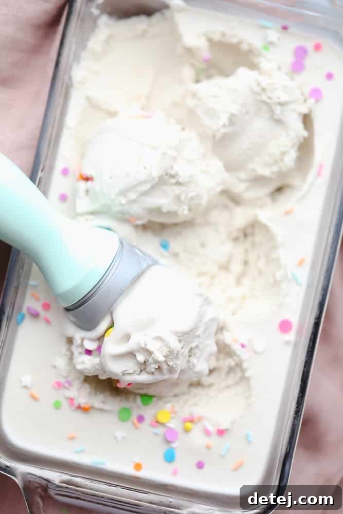 An ice cream scoop delicately lifting creamy vanilla vegan ice cream out of a glass dish, showing its smooth consistency.